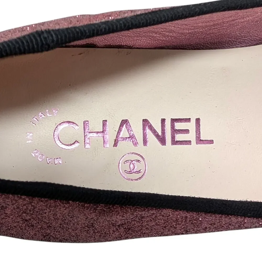 Chanel Ballet Block Heel Pumps Pink Glitter Grosgrain Cap Toe CC Logo 37.5 | 7 - Picture 9 of 13